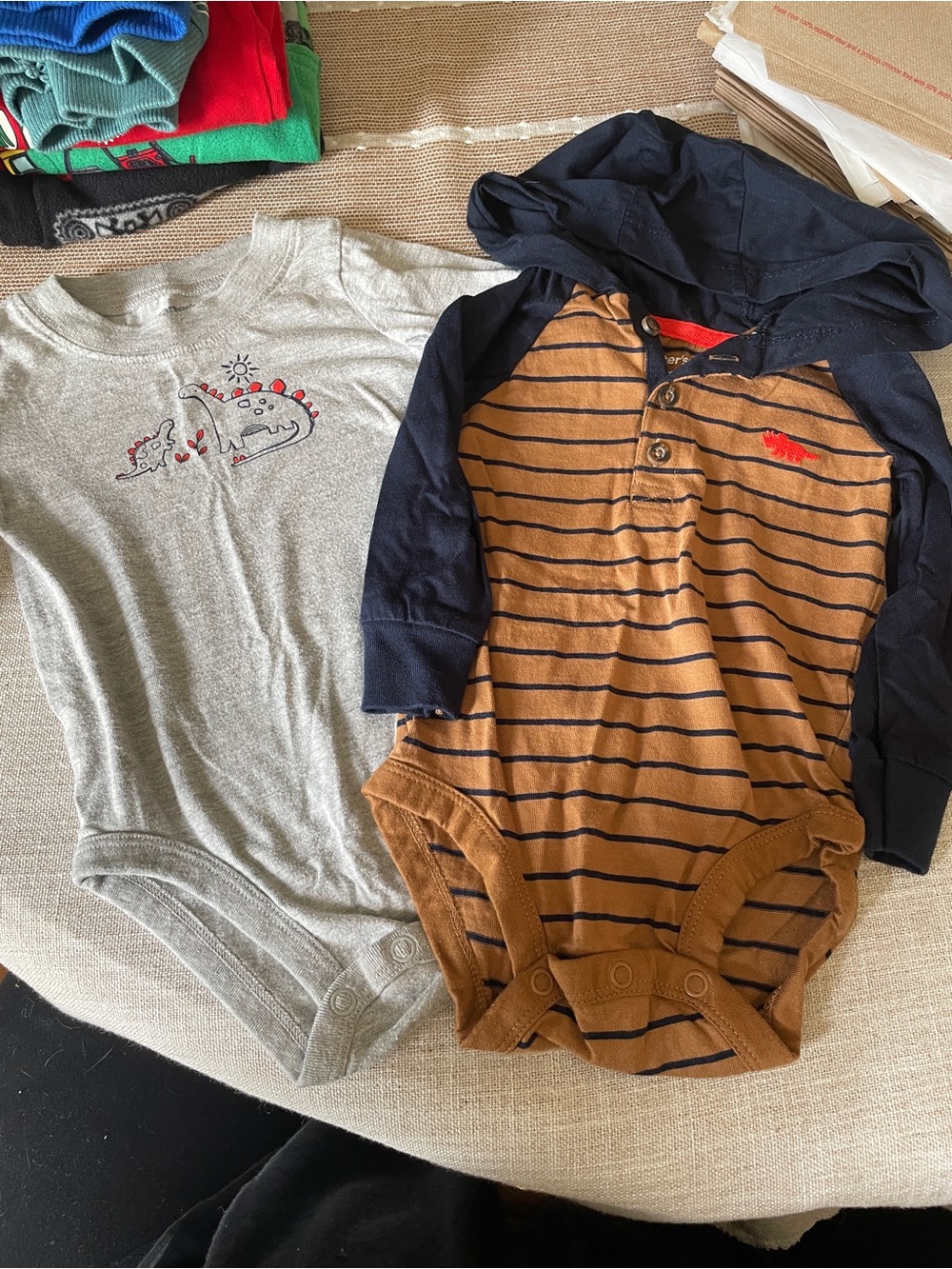 Carter's Brown and Navy Striped Hooded One-Piece Bodysuit and Dino Bodysuit